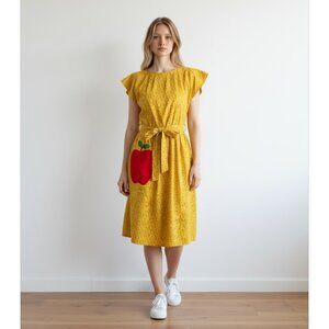 Vintage 60's Swirl Apple Applique Pocket Red and Yellow Wrap Dress Size 10